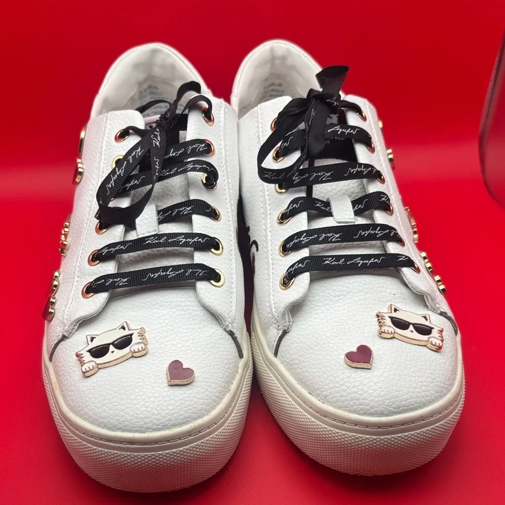 KARL LAGERFELD Paris Cate Leather Pin Embellished Lace-up Sneakers , size 9.5 GC - Picture 1 of 13